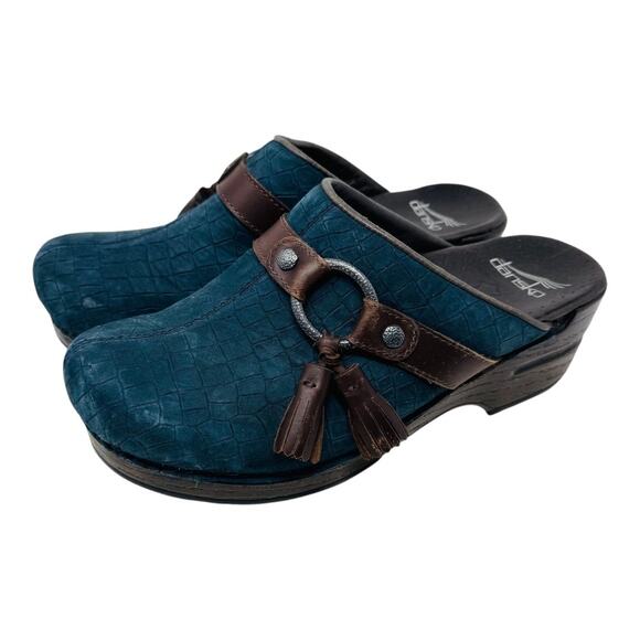 Dansko Shandi Tassel Buckle Faux Croc Blue Suede Platform Clogs Size 37 - Picture 1 of 13